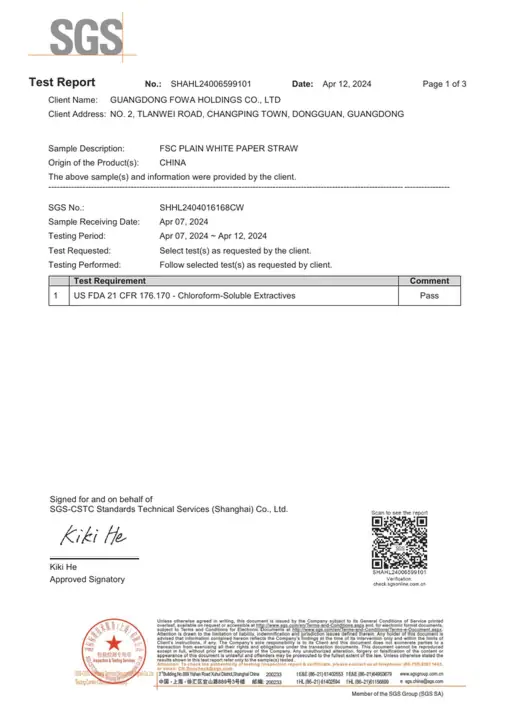 Lightly fogged SGS paper straw 21 CFR 176.170 test record page 1 of 3