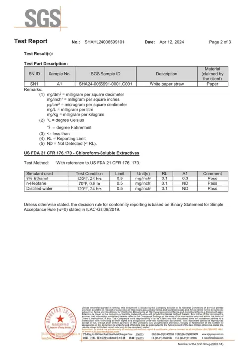 Lightly fogged SGS paper straw 21 CFR 176.170 test record page 2 of 3