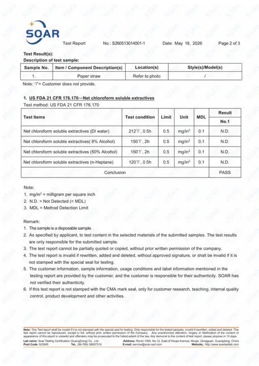 Lightly fogged SOAR paper straw 21 CFR 176.170 test record page 2 of 3