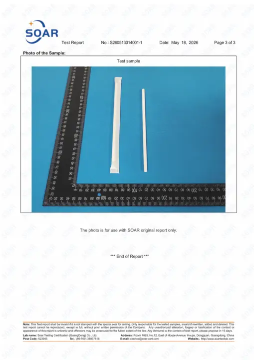 Lightly fogged SOAR paper straw 21 CFR 176.170 test record page 3 of 3