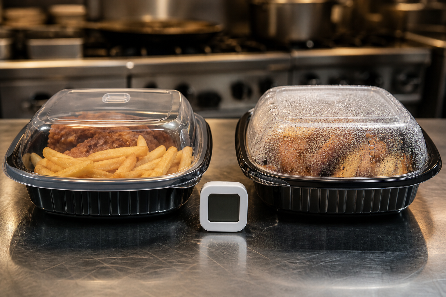 Restaurant team comparing vented and sealed takeout containers during a hot-food delivery test