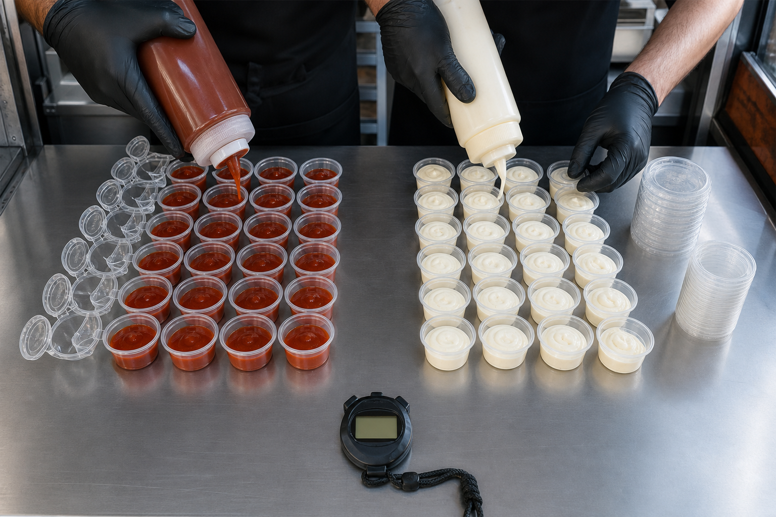 Food truck team comparing hinged and separate-lid plastic sauce cups