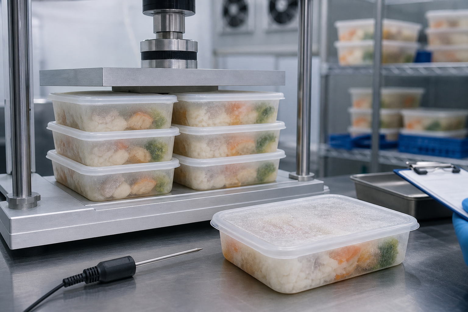 PP meal containers being evaluated after a controlled freezer stacking test