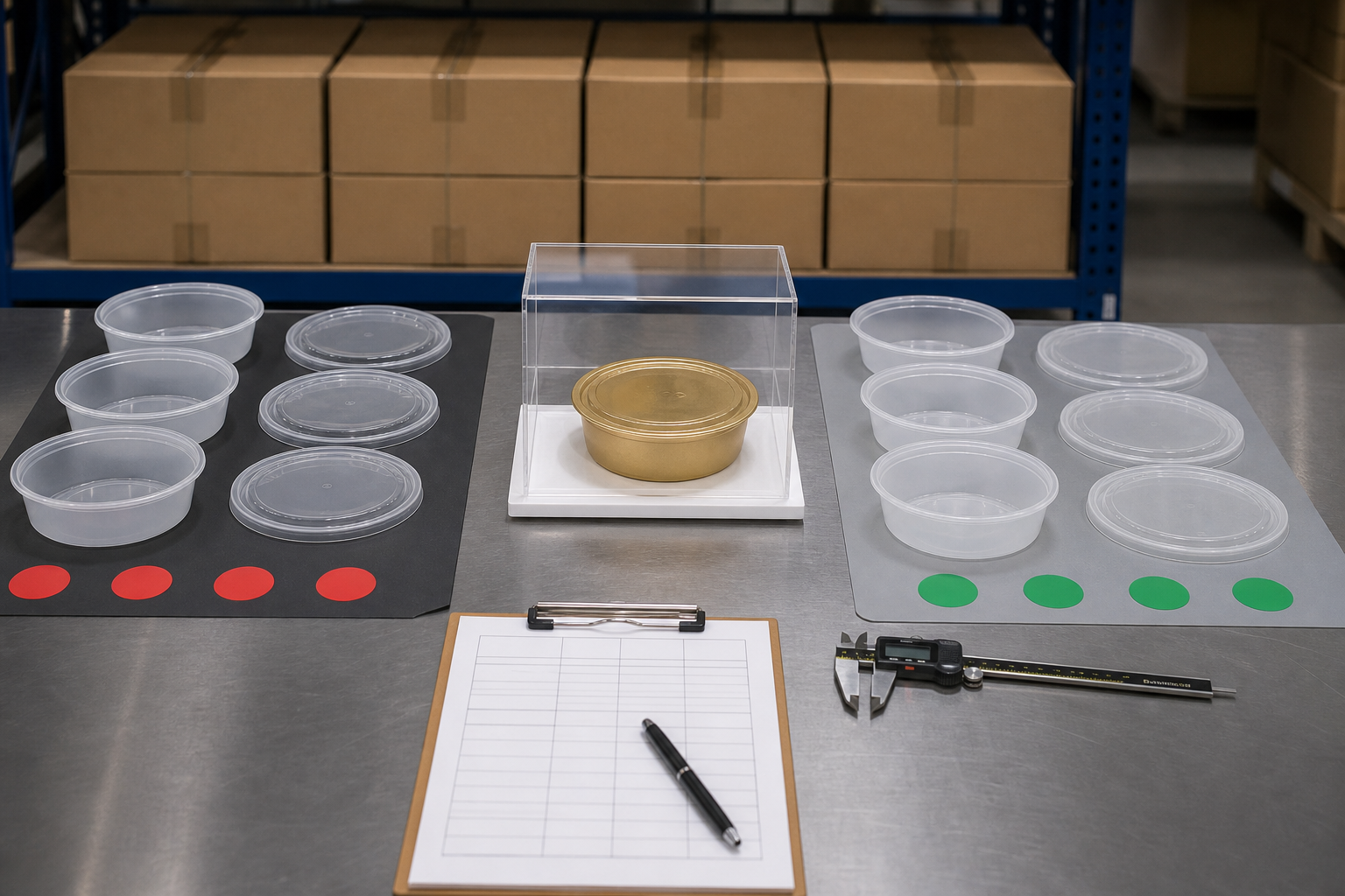 Packaging buyer comparing old and new takeout container lids during a controlled supplier transition