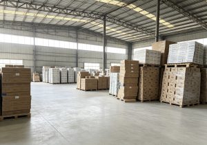 Wide warehouse view with palletized finished goods