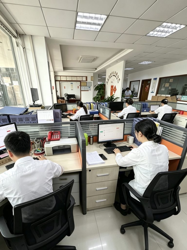 Office team coordinating production records and delivery