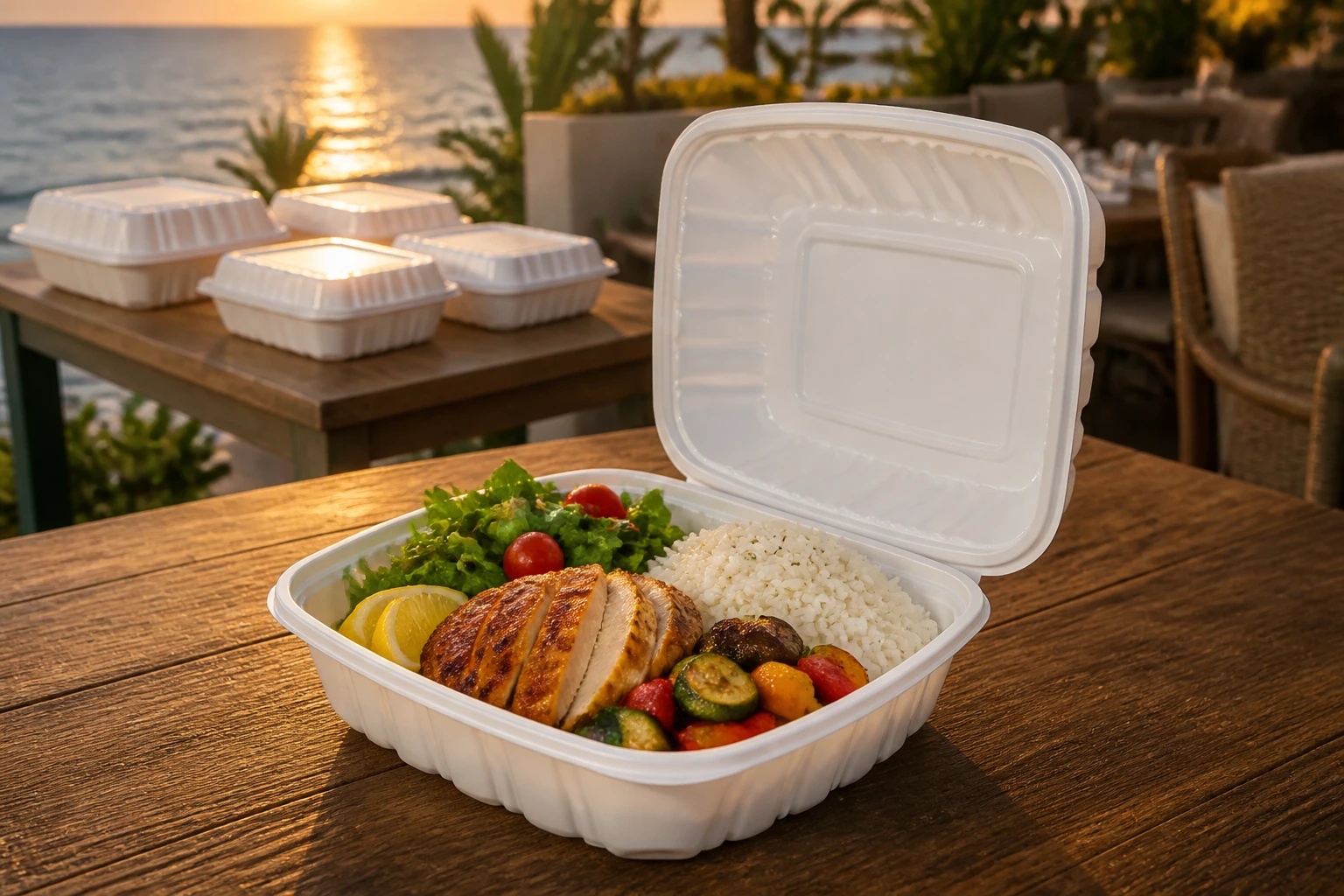 Open PH60 square food container with a prepared meal