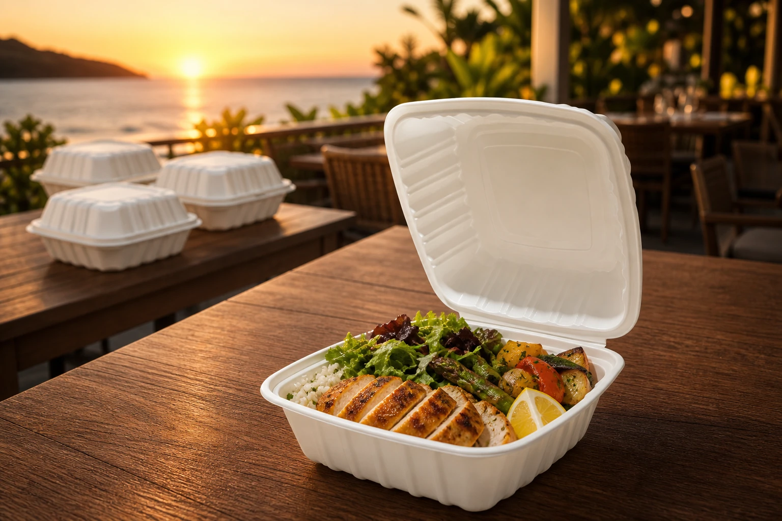 PH60 square food container in an outdoor foodservice setting