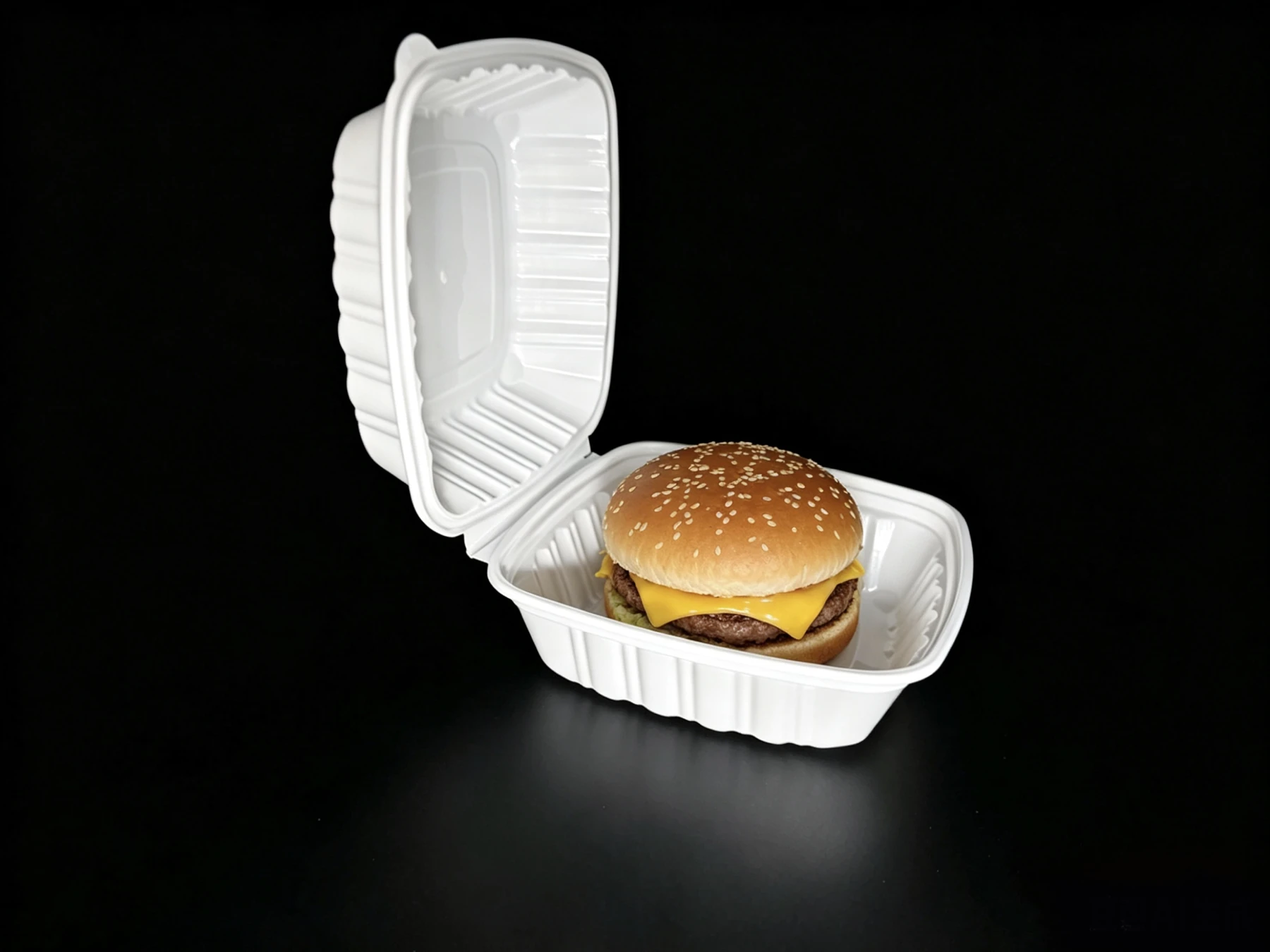 PH60 white food container with a burger on a black background