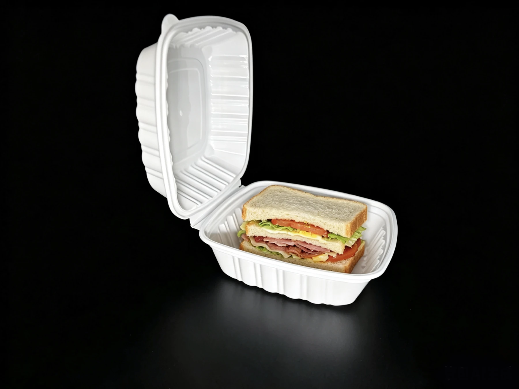 PH60 white food container with a sandwich on a black background