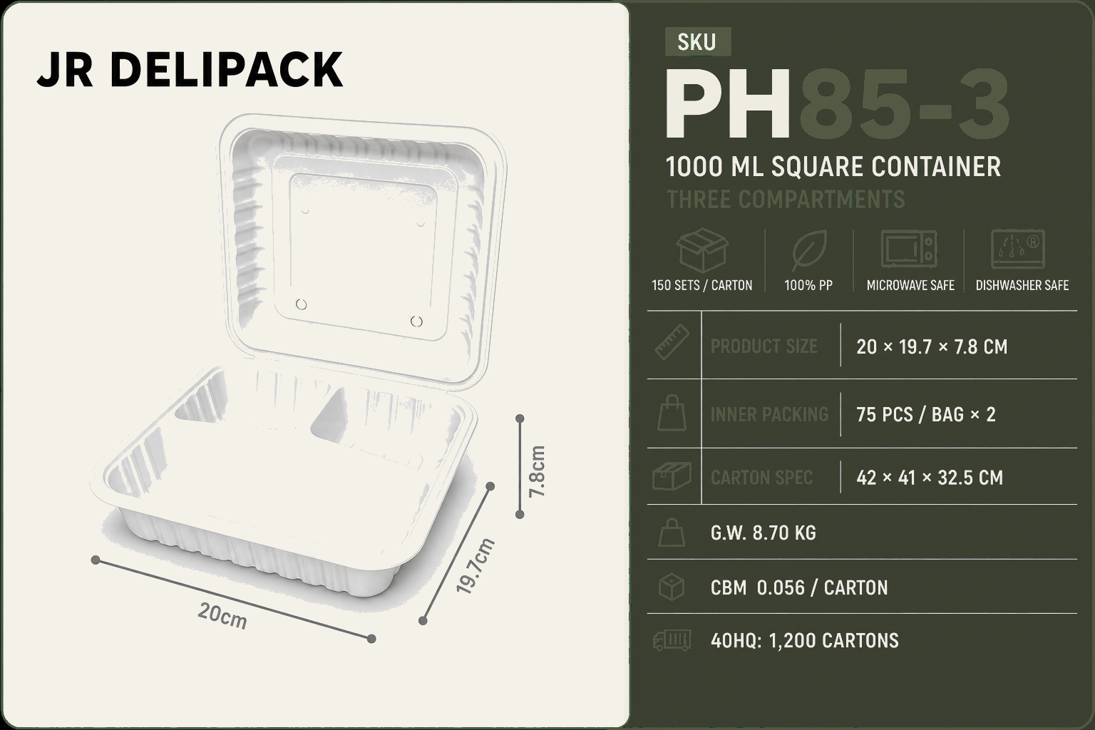 PH85-3 · 1,000 ml 3-Compartment PP Food Container