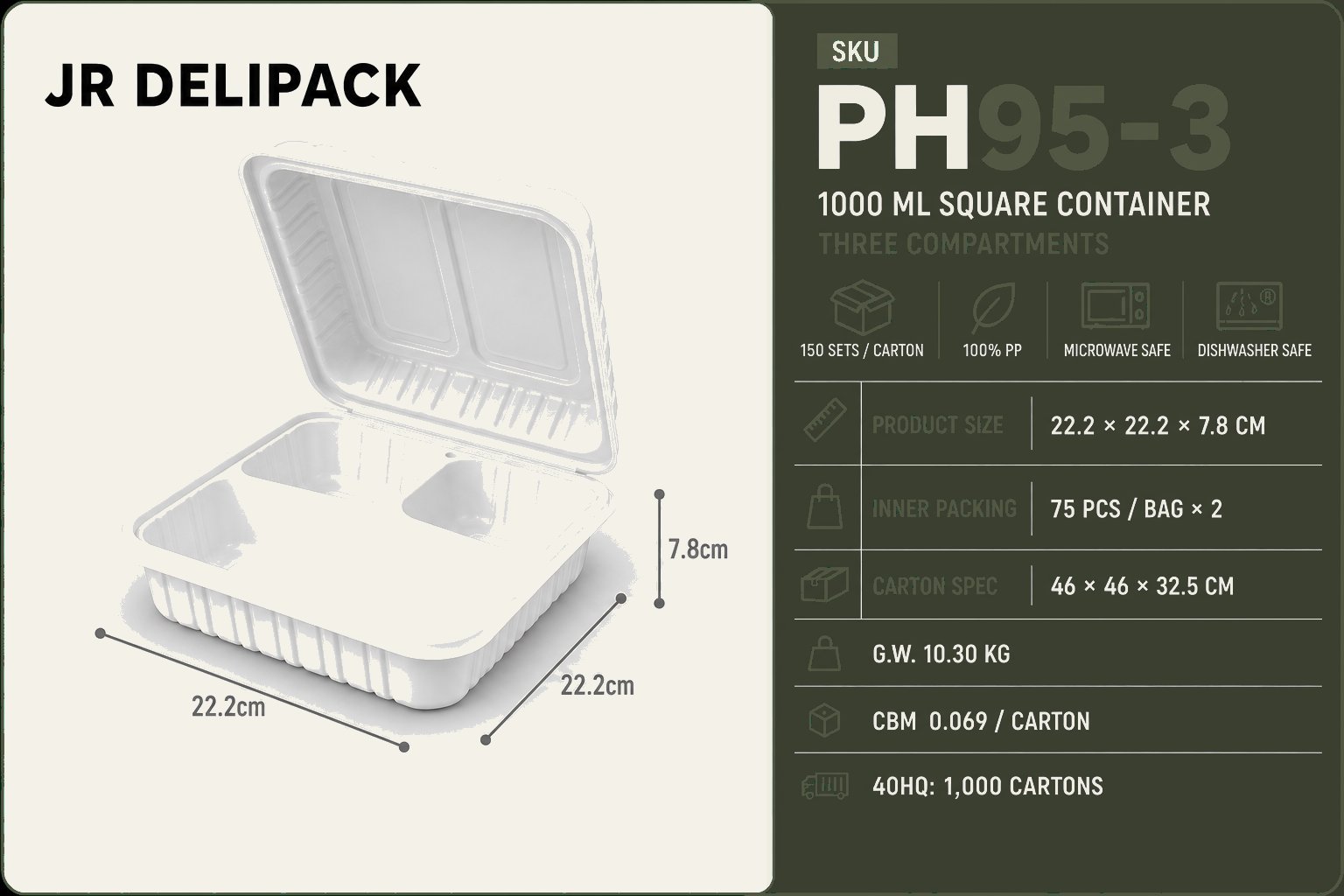PH95-3 · 1,000 ml 3-Compartment PP Food Container