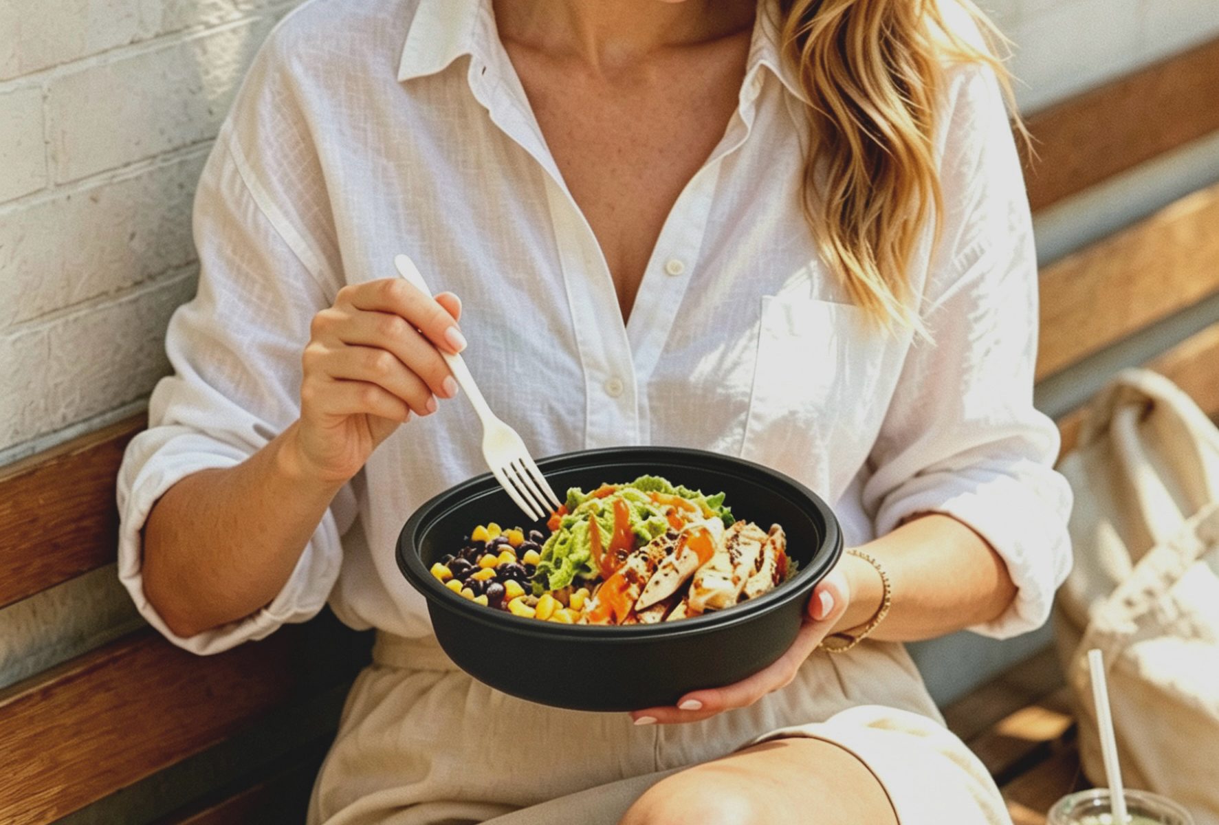 Illustrative foodservice bowl used with a prepared meal