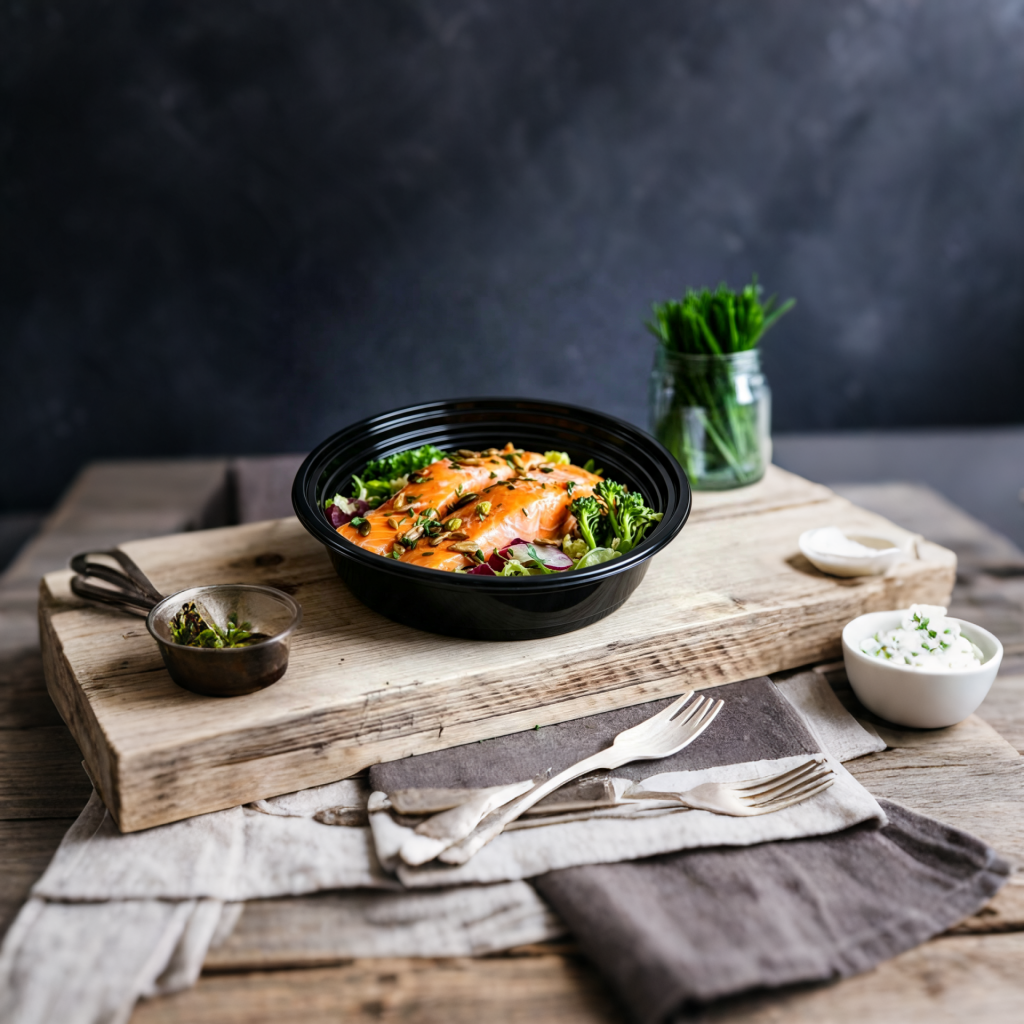 Illustrative prepared meal in a black food bowl on a work surface