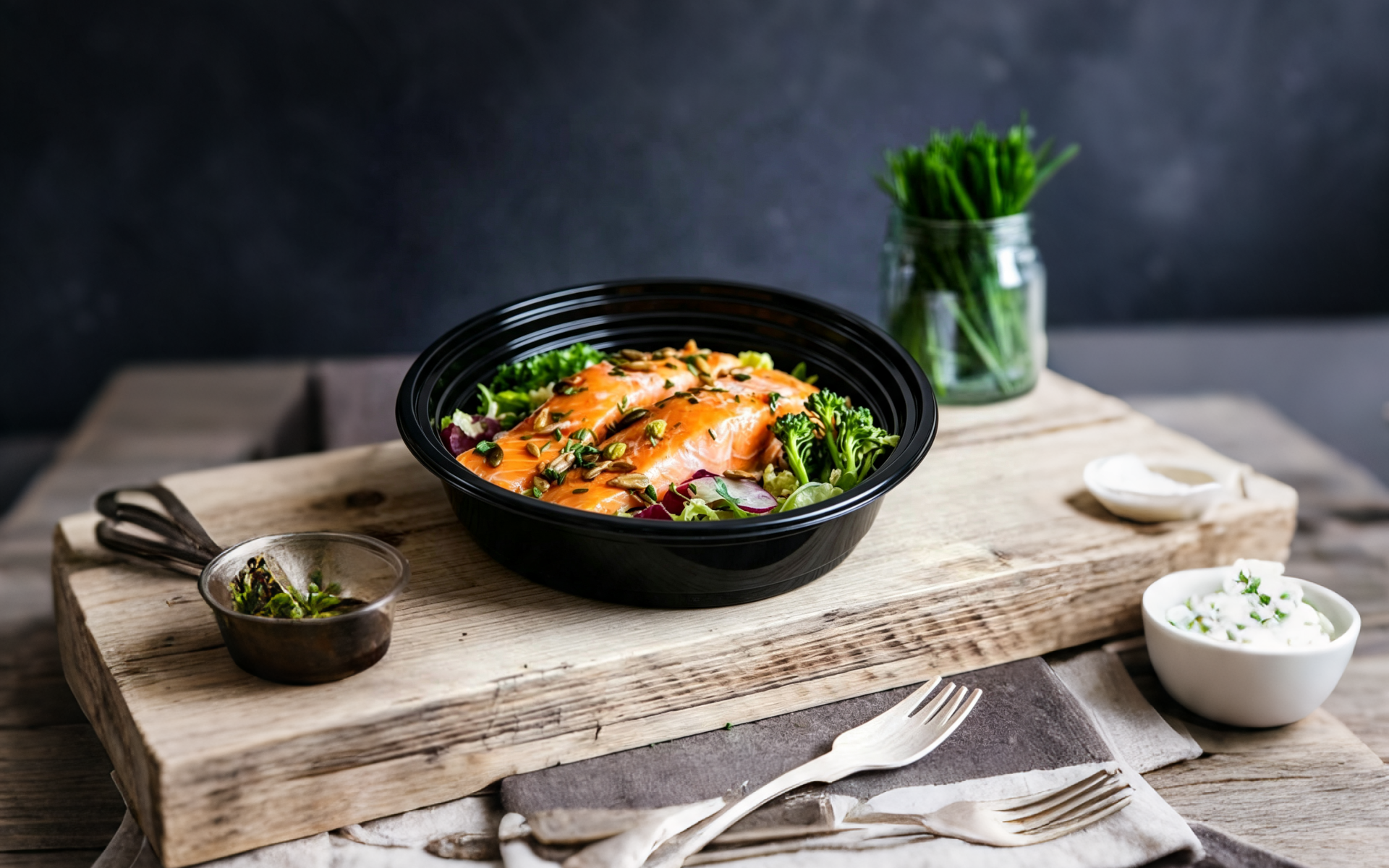 Illustrative black food bowl with a prepared meal