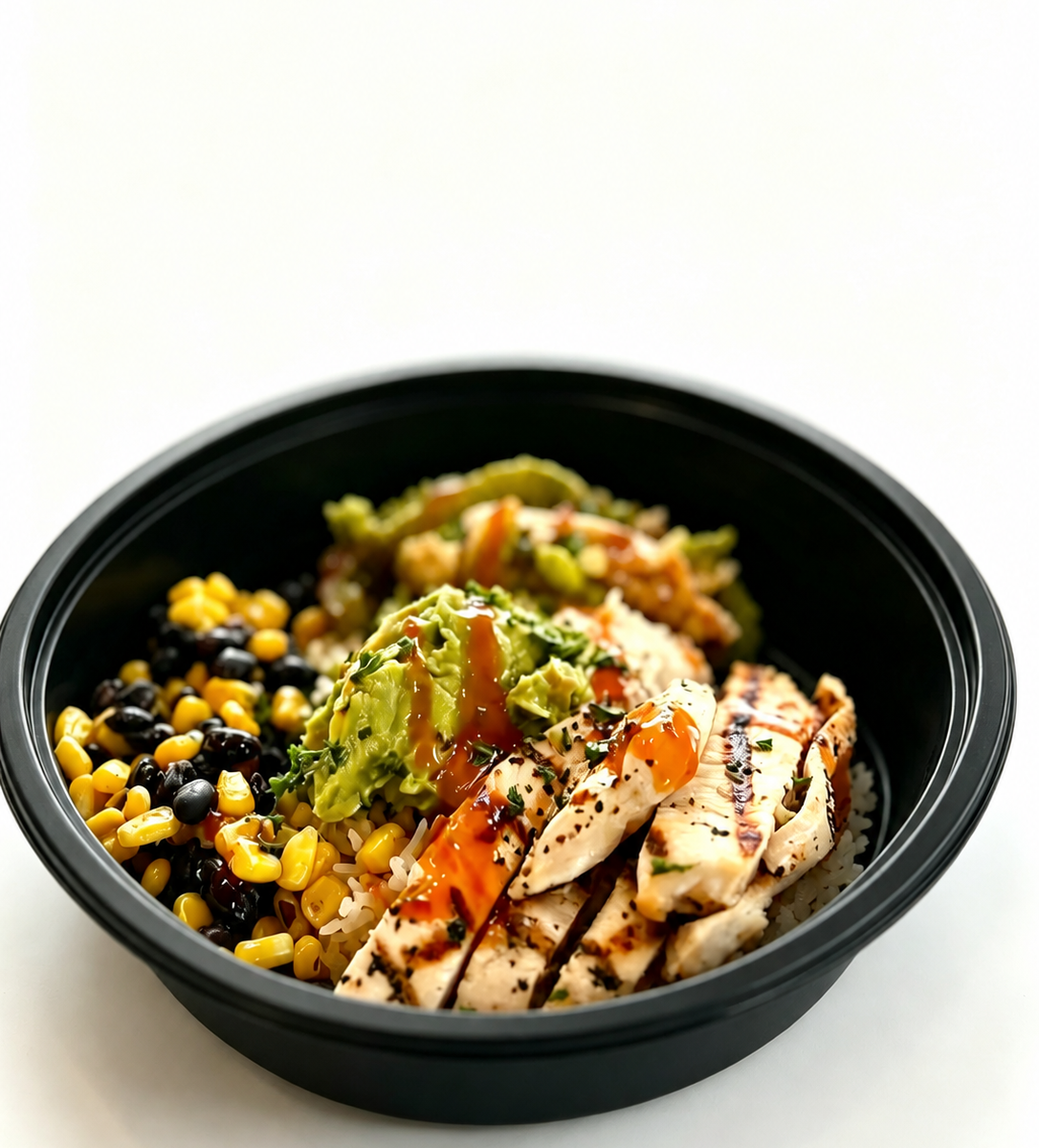 Illustrative black bowl with prepared food