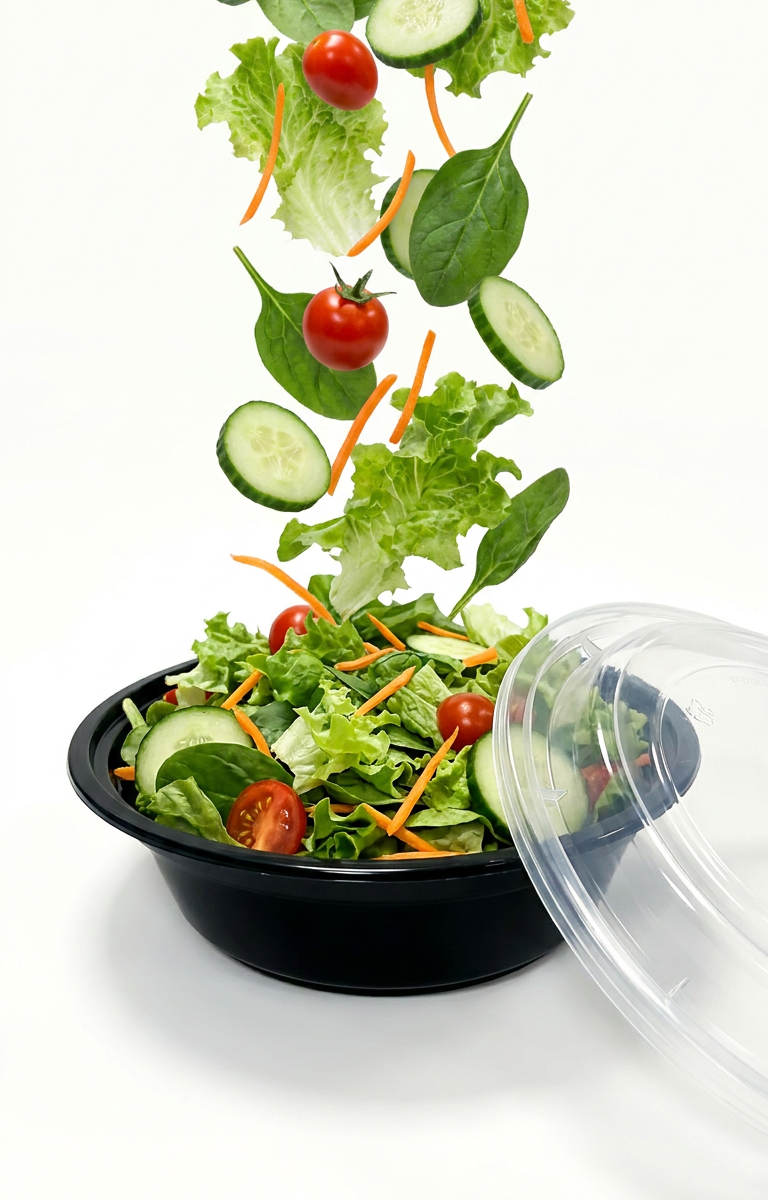 Illustrative black food bowl with vegetables and clear lid