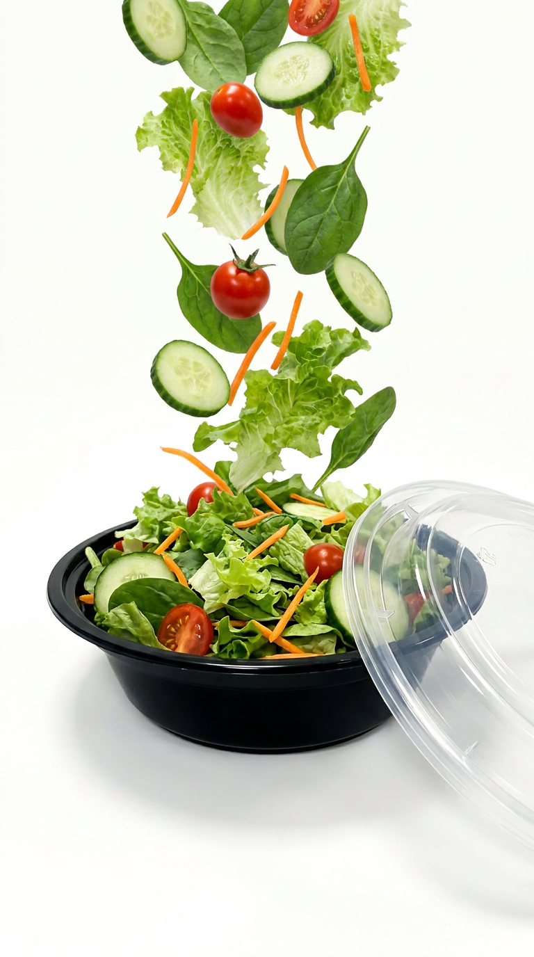 Illustrative black food bowl with vegetables and clear lid