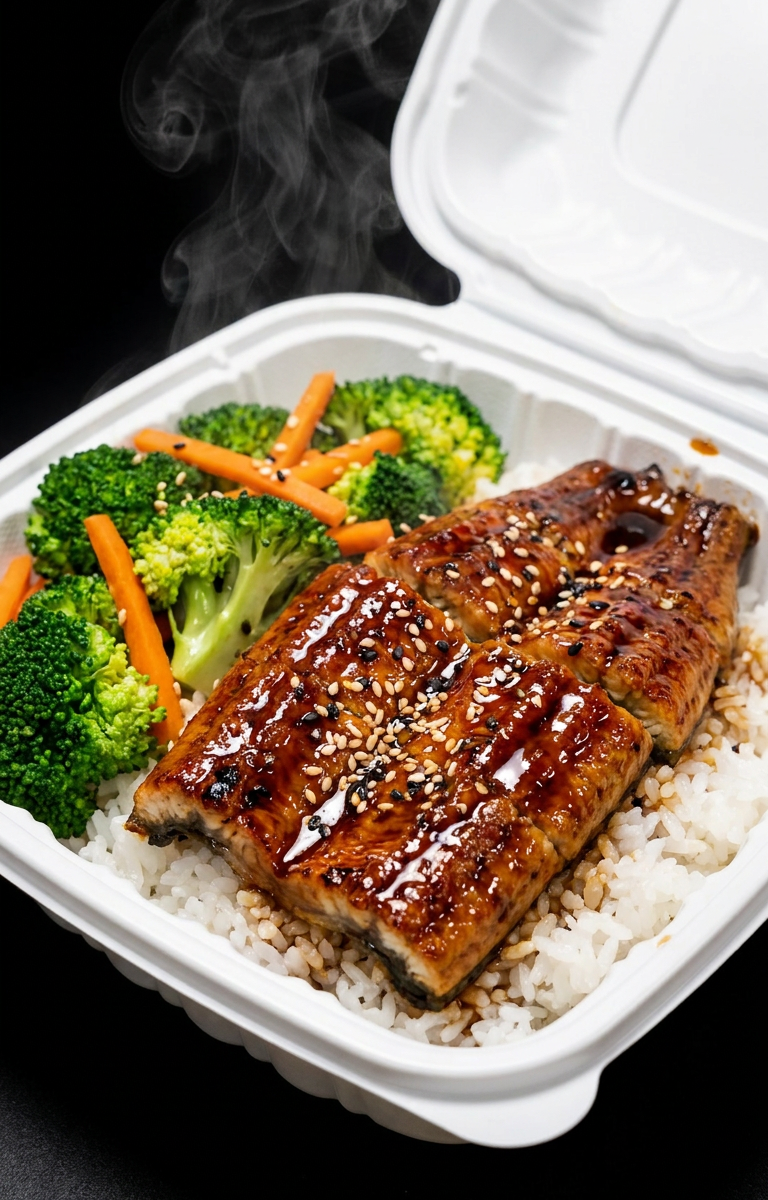 Illustrative hinged food container with a prepared meal