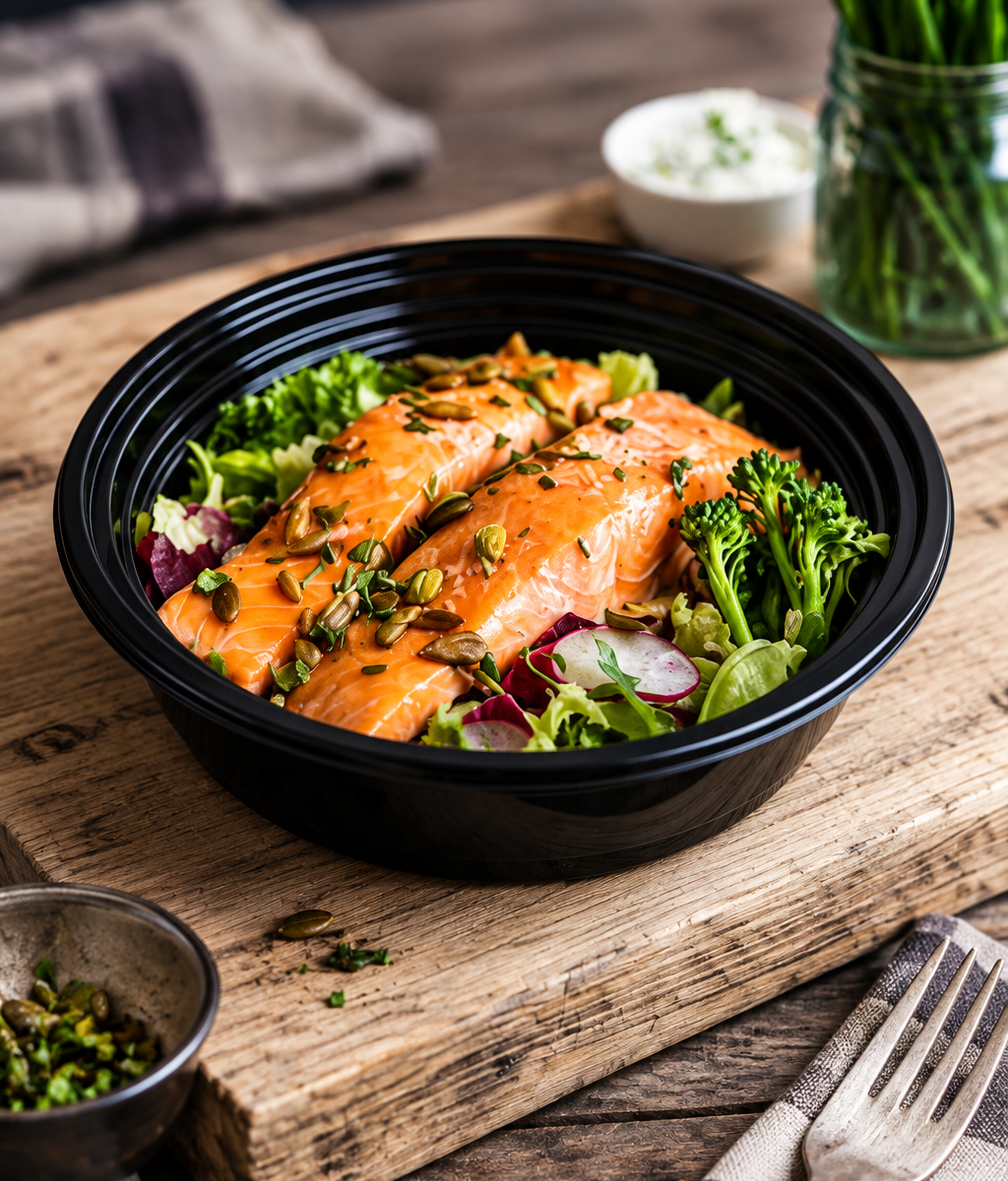 Illustrative black food bowl with a prepared meal