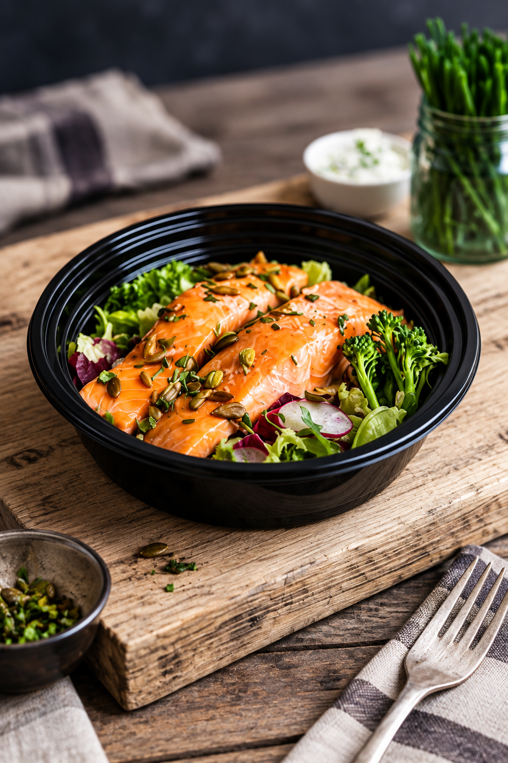 Illustrative black food bowl with a prepared meal