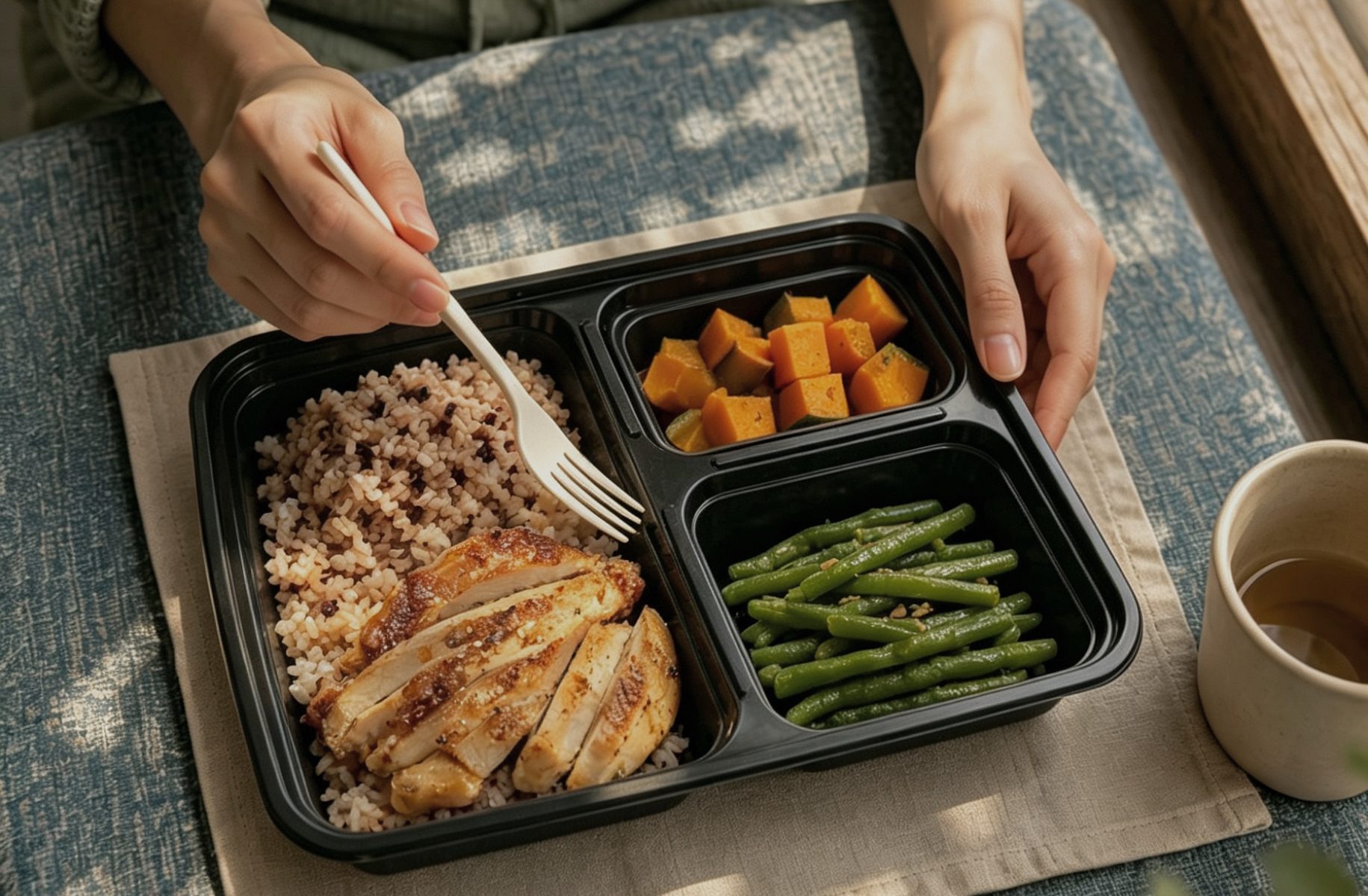 Illustrative compartment meal container with prepared food