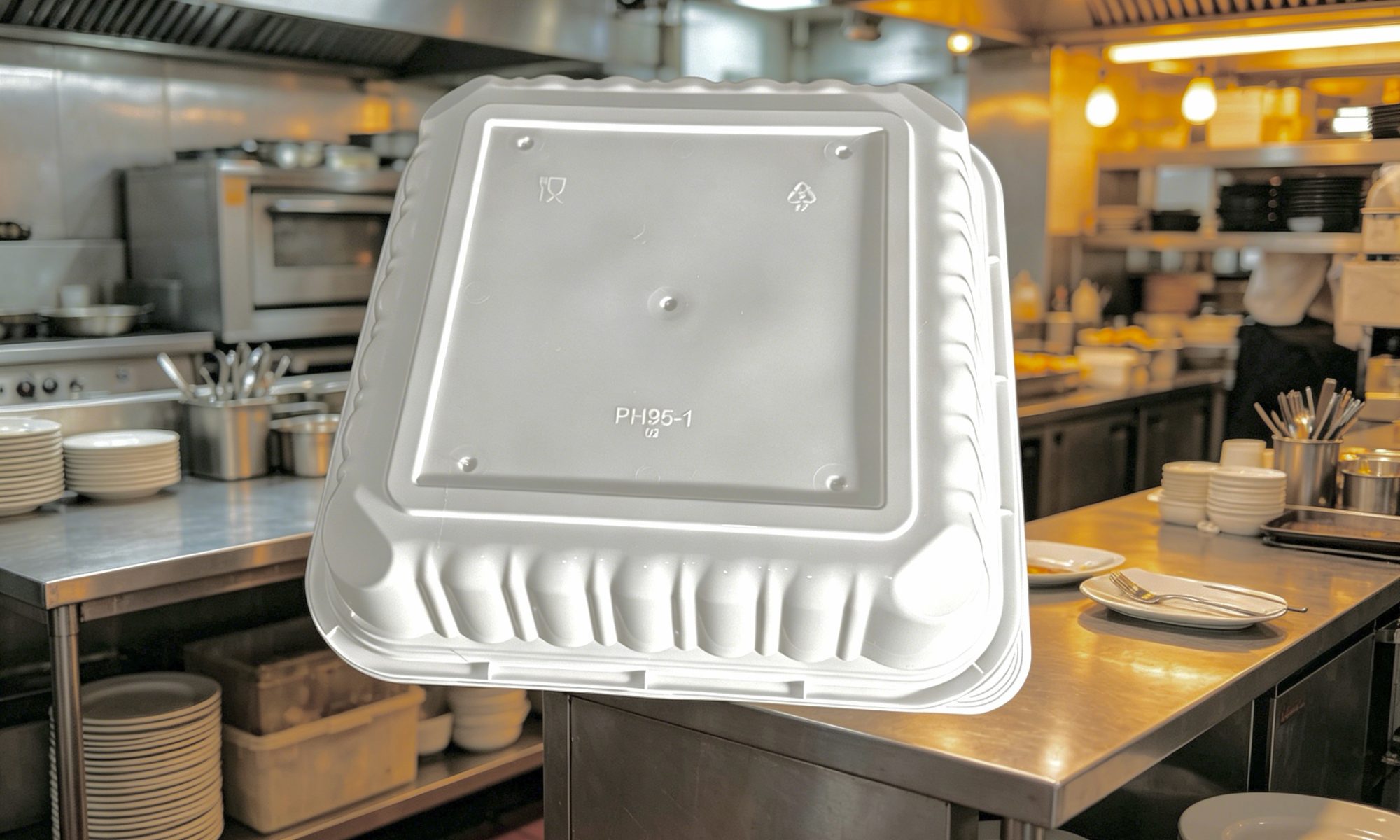 Illustrative white hinged food container in a commercial kitchen