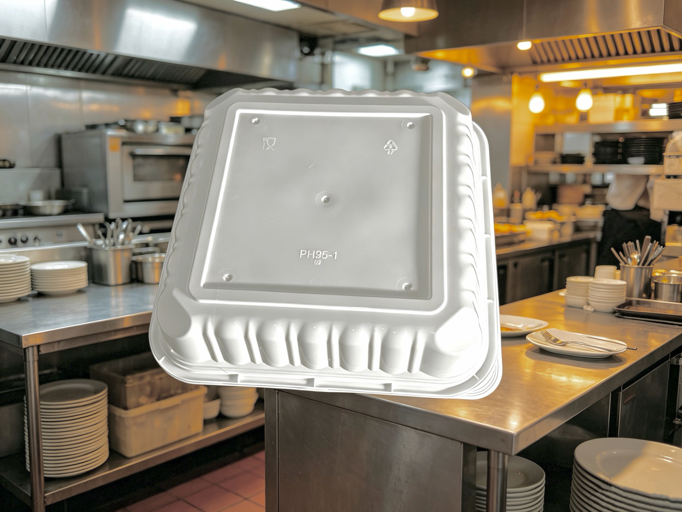 Illustrative white hinged food container in a commercial kitchen