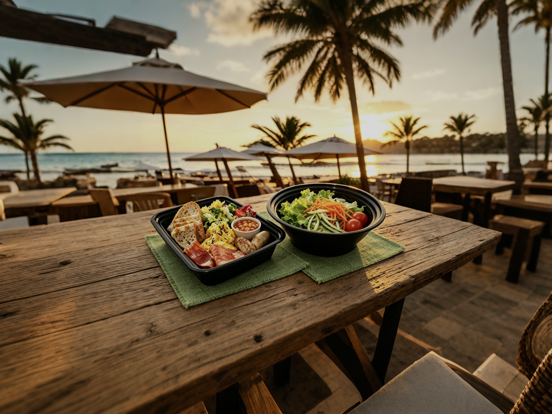 Illustrative black rectangular tray and round salad container on an outdoor table
