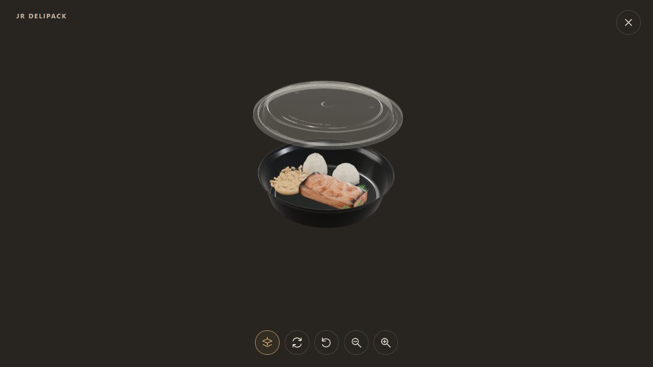 JR DELIPACK interactive 3D model viewer showing an open round food container and separate lid.