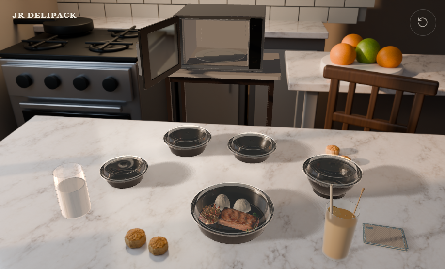 JR DELIPACK interactive 3D kitchen scene showing round food containers on a marble counter.