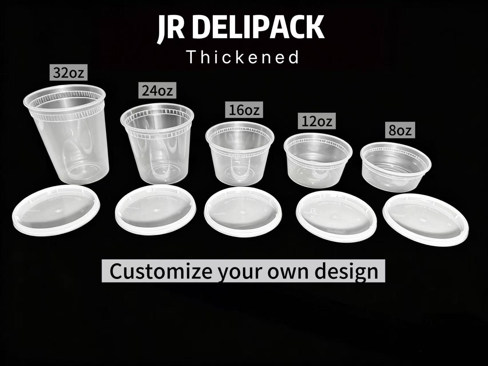 JR DELIPACK round containers and separate lids shown with nominal capacity labels