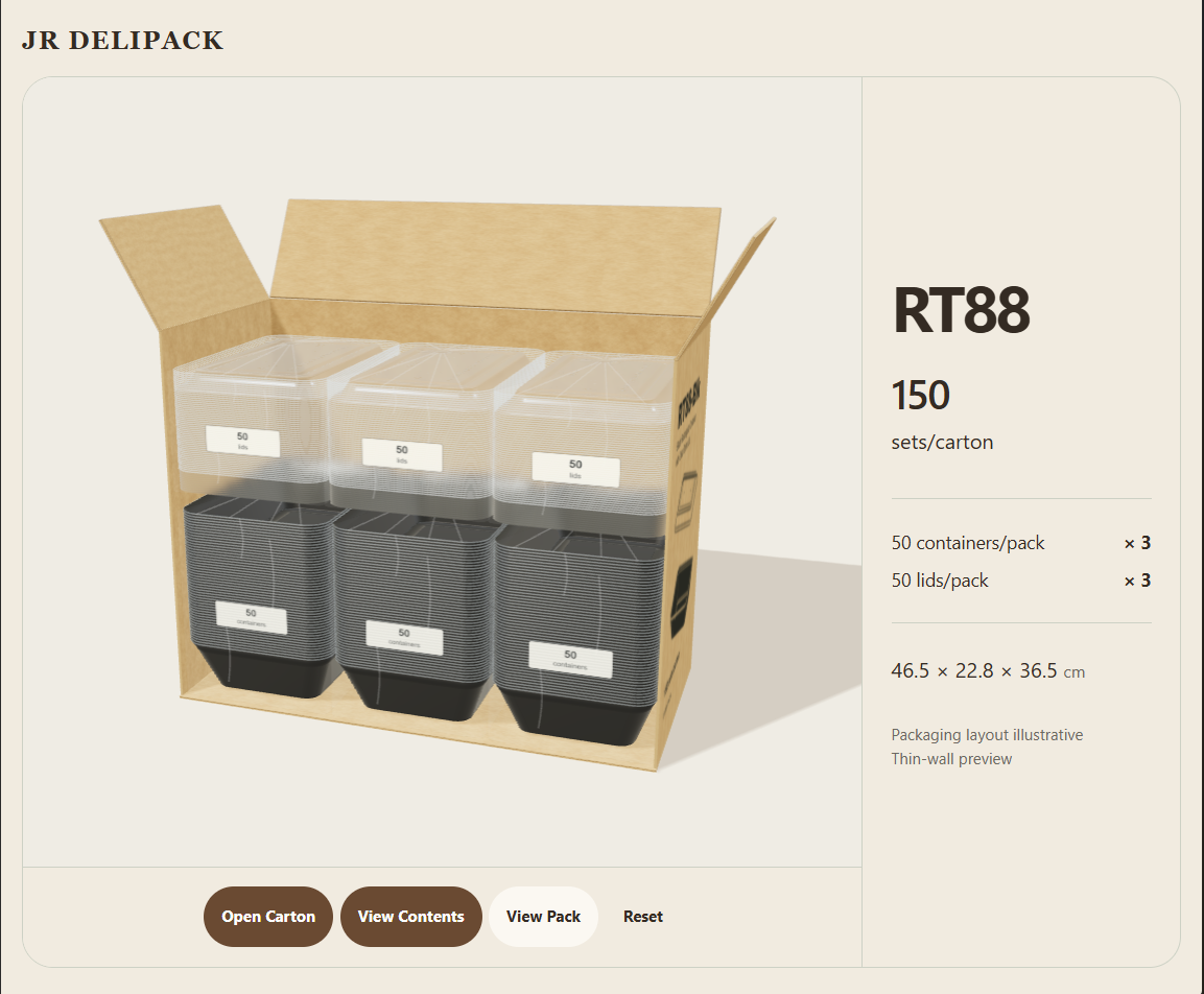 Illustrative open RT88 carton showing three packs of 50 containers and three packs of 50 clear lids.