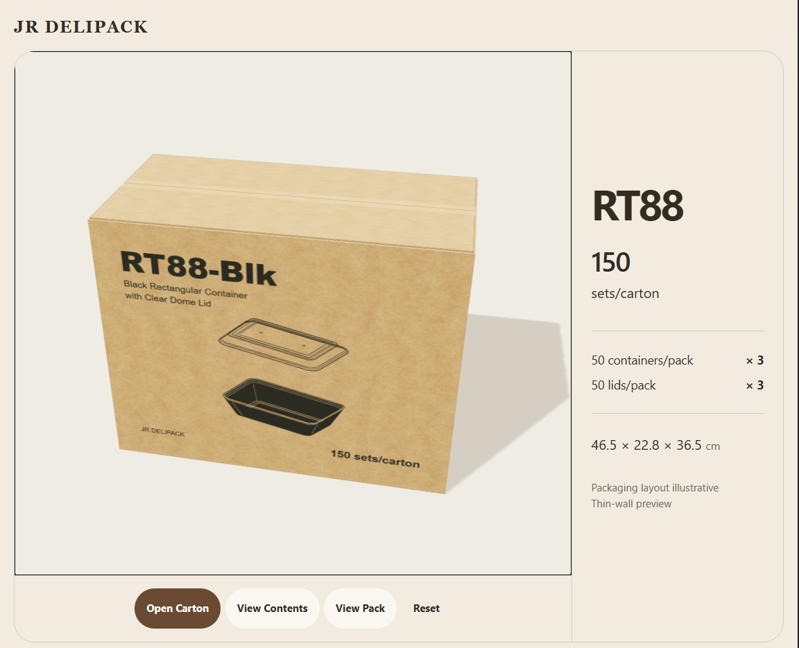 Alternate sealed-carton illustration showing the JR DELIPACK RT88 identification, 150 sets per carton and listed carton dimensions.