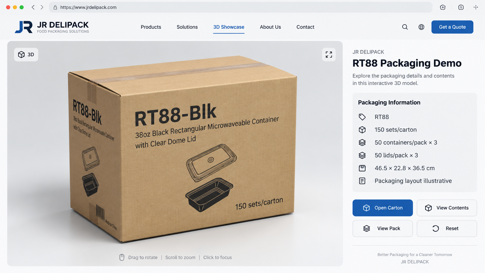 Three-quarter illustration of the JR DELIPACK RT88 sealed carton with its product identification and listed packing configuration.